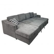 DAISY, Canapé grand angle convertible Gigogne avec 2 méridiennes coffre en tissu chenillé gris