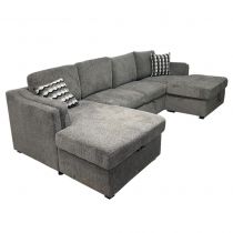 DAISY, Canapé grand angle convertible Gigogne avec 2 méridiennes coffre en tissu chenillé gris