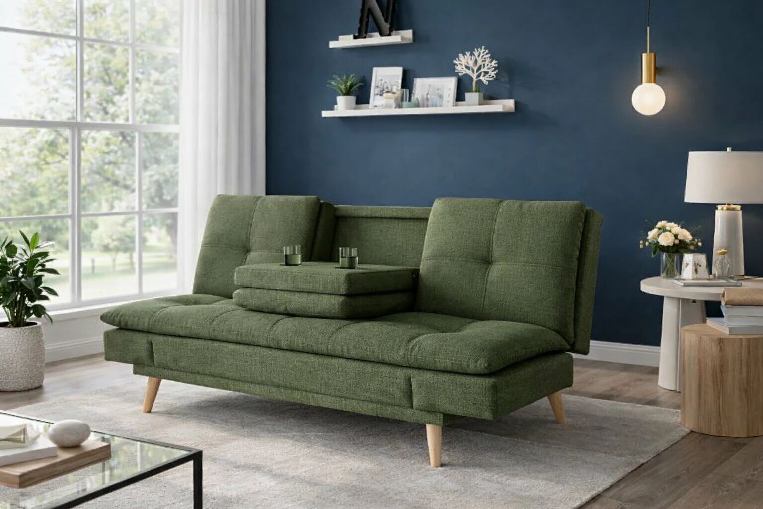 DANIELA, canap&eacute; Clic-clac avec tablette rabattable rev&ecirc;tement tissu NEVE,184*94/114*91cm