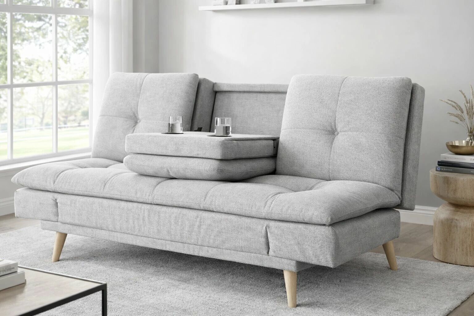 DANIELA, canap&eacute; Clic-clac avec tablette rabattable rev&ecirc;tement tissu NEVE,184*94/114*91cm