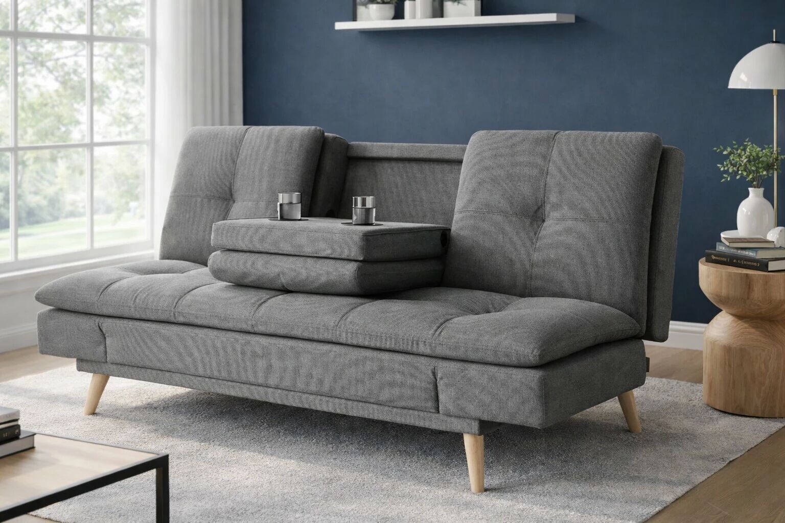 DANIELA, canap&eacute; Clic-clac avec tablette rabattable rev&ecirc;tement tissu NEVE,184*94/114*91cm