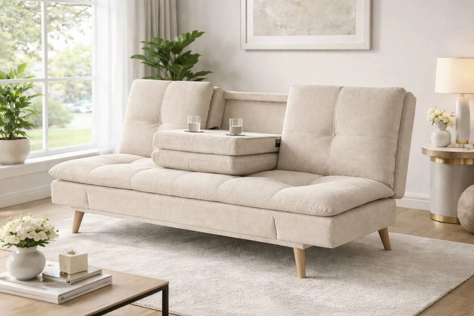 DANIELA, canap&eacute; Clic-clac avec tablette rabattable rev&ecirc;tement tissu NEVE,184*94/114*91cm