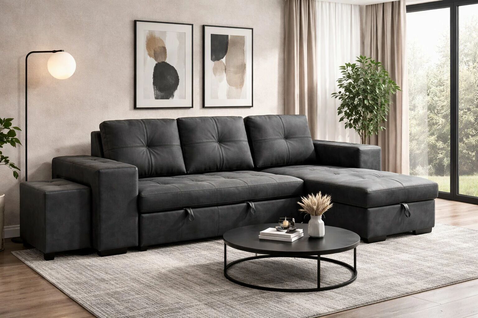 IBIZA, Canap� d\'angle reversible convertible Gigogne avec Chaise longue coffre et pouf