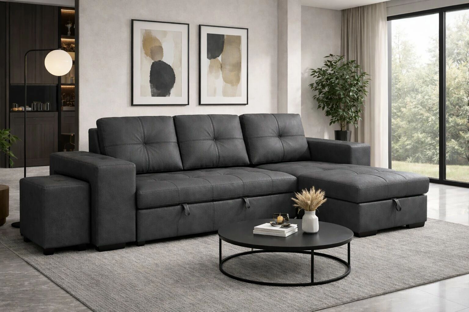 IBIZA, Canap&eacute; d\'angle reversible convertible Gigogne avec Chaise longue coffre et pouf