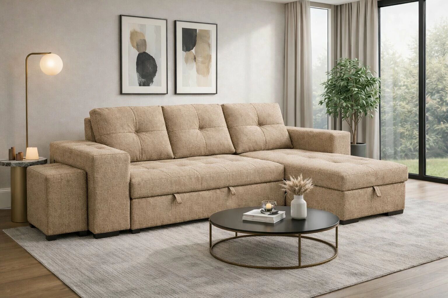 IBIZA, Canap&eacute; d\'angle reversible convertible Gigogne avec Chaise longue coffre et pouf