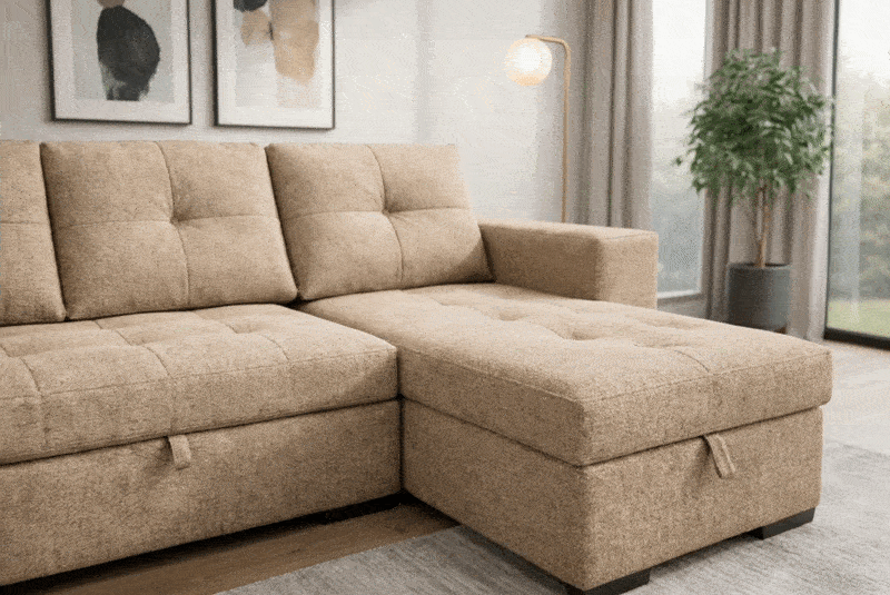 IBIZA, Canap&eacute; d\'angle reversible convertible Gigogne avec Chaise longue coffre et pouf