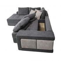 KARINA, Angle convertible gigogne 5 places inclus 2 poufs - Tissu gris