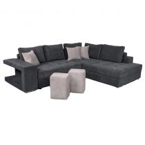 KARINA, Angle convertible gigogne 5 places inclus 2 poufs - Tissu gris