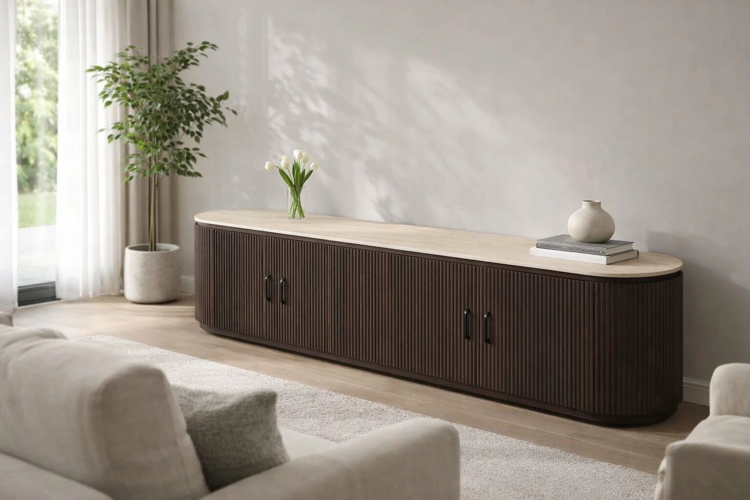 KIMBERLY � Meuble TV en pierre fritt�e finition travertin avec pieds en bois MDF � 200 � 40 � 55 cm