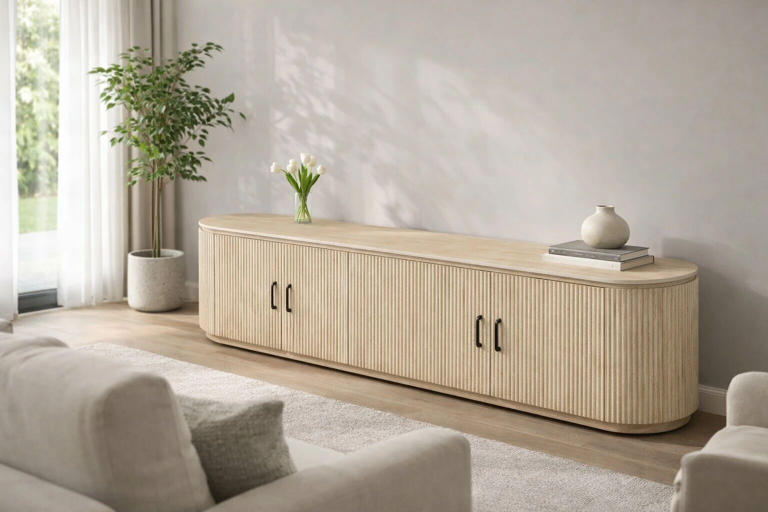 KIMBERLY � Meuble TV en pierre fritt&eacute;e finition travertin avec pieds en bois MDF � 200 &times; 40 &times; 55 cm