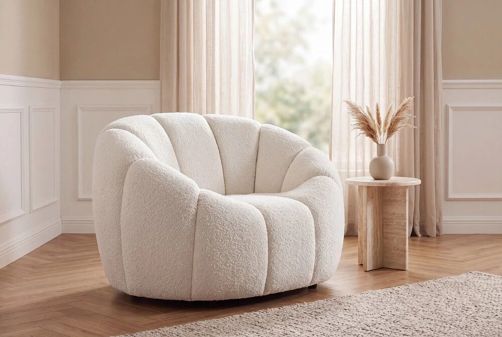 LILI, Canap� design 1 place en tissu boucl� blanc