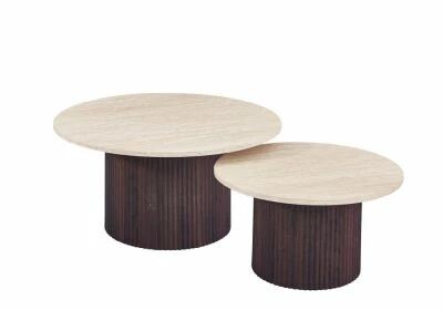 Lot 2 tables basses rondes ROXY 60*38cm + 80*45cm bicolore jaune+pieds marron
