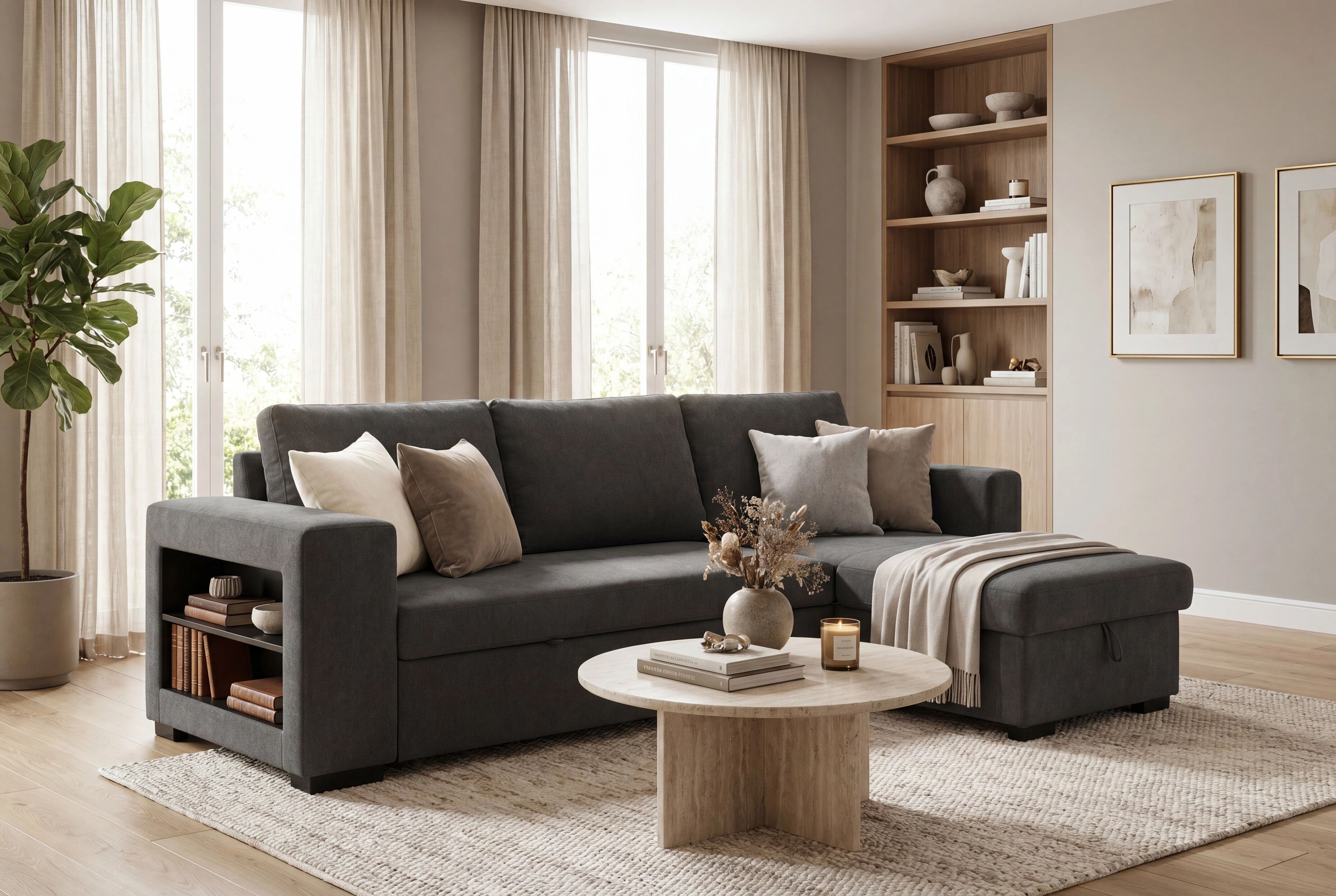LUCENA, Canap&eacute; d\'angle convertible gigogne M&eacute;ridienne avec coffre en tissu (KSR)