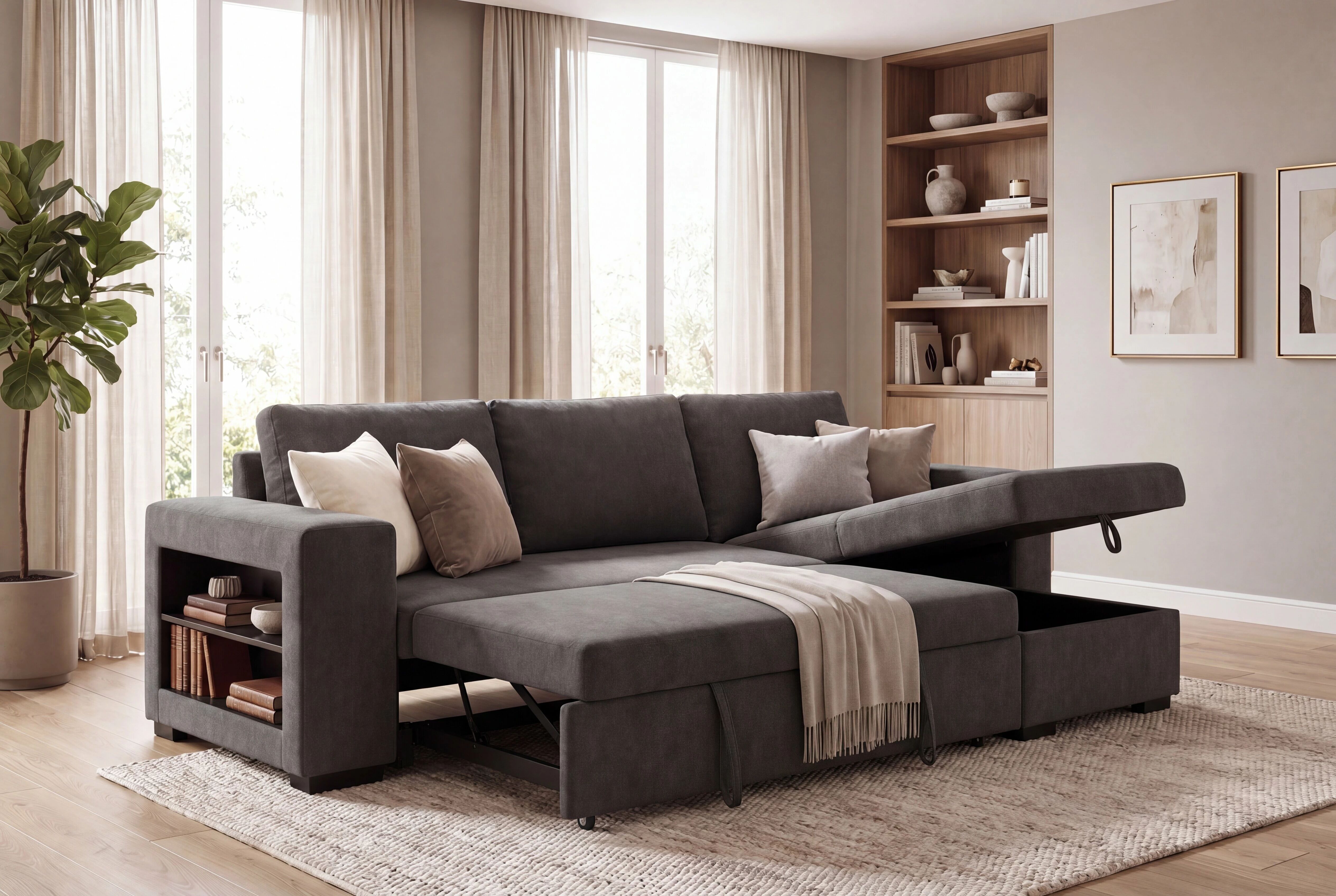LUCENA, Canap&eacute; d\'angle convertible gigogne M&eacute;ridienne avec coffre en tissu (KSR)
