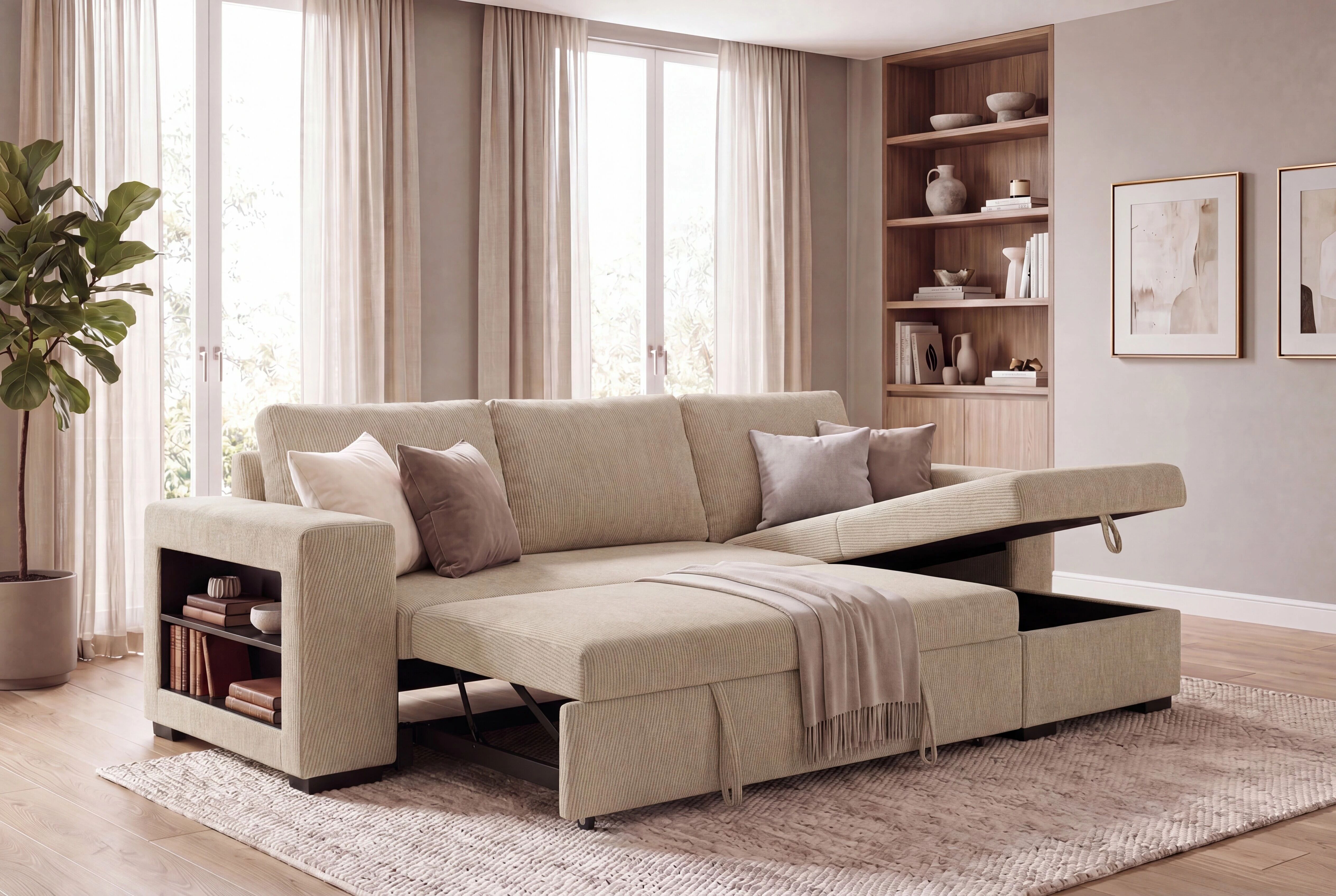 LUCENA, Canap&eacute; d\'angle convertible gigogne M&eacute;ridienne avec coffre en tissu (KSR)