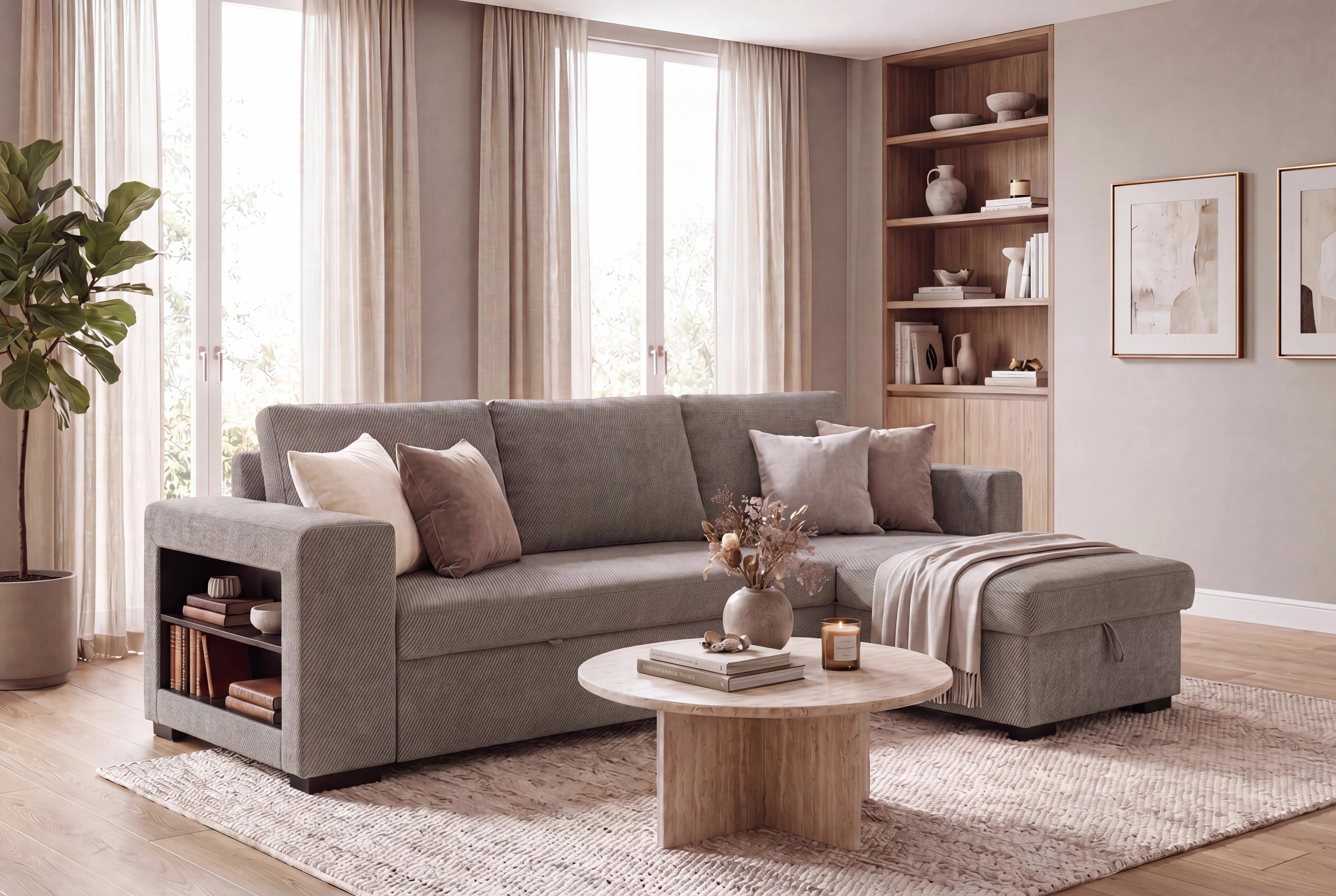 LUCENA, Canap&eacute; d\'angle convertible gigogne M&eacute;ridienne avec coffre en tissu (KSR)