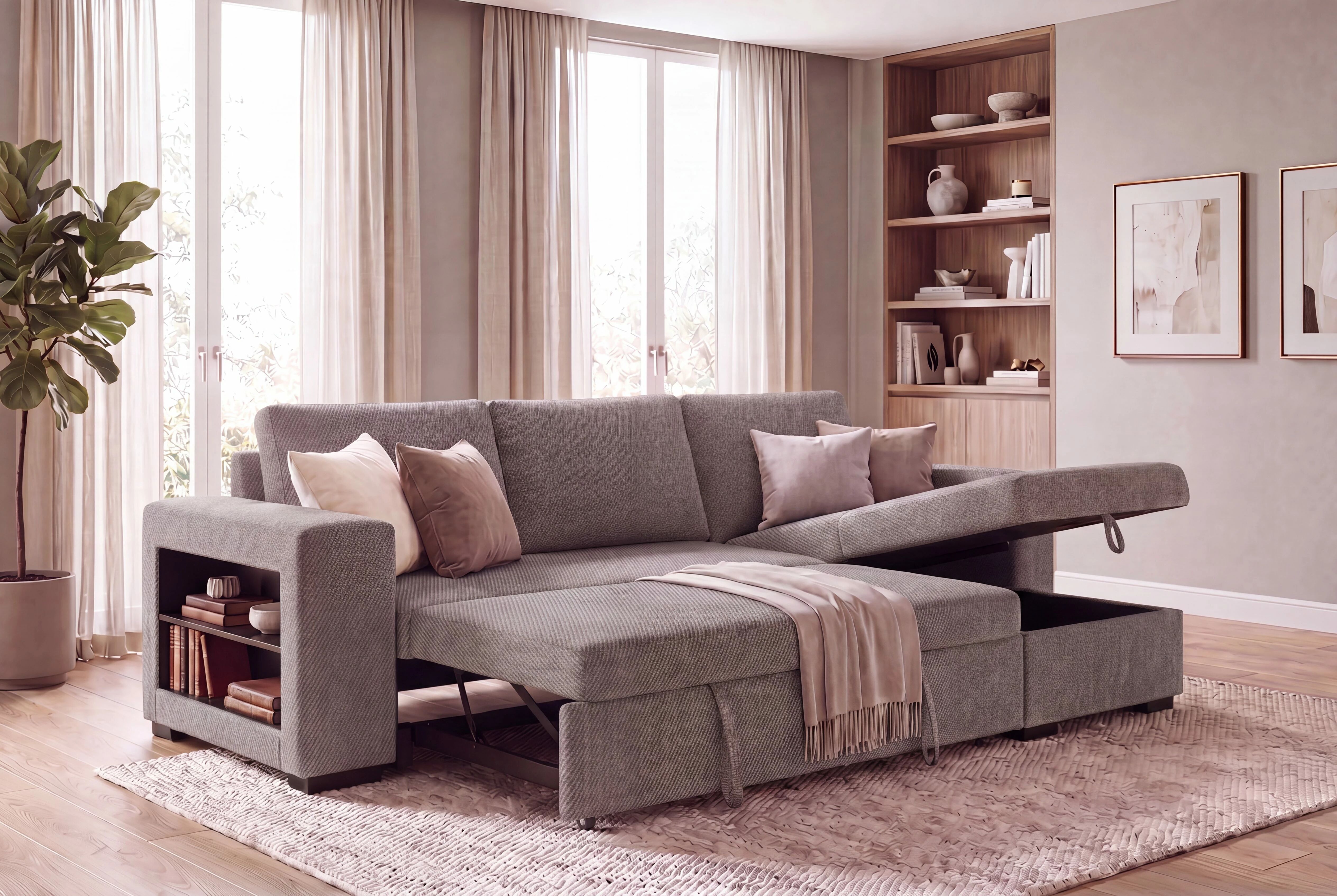 LUCENA, Canap&eacute; d\'angle convertible gigogne M&eacute;ridienne avec coffre en tissu (KSR)
