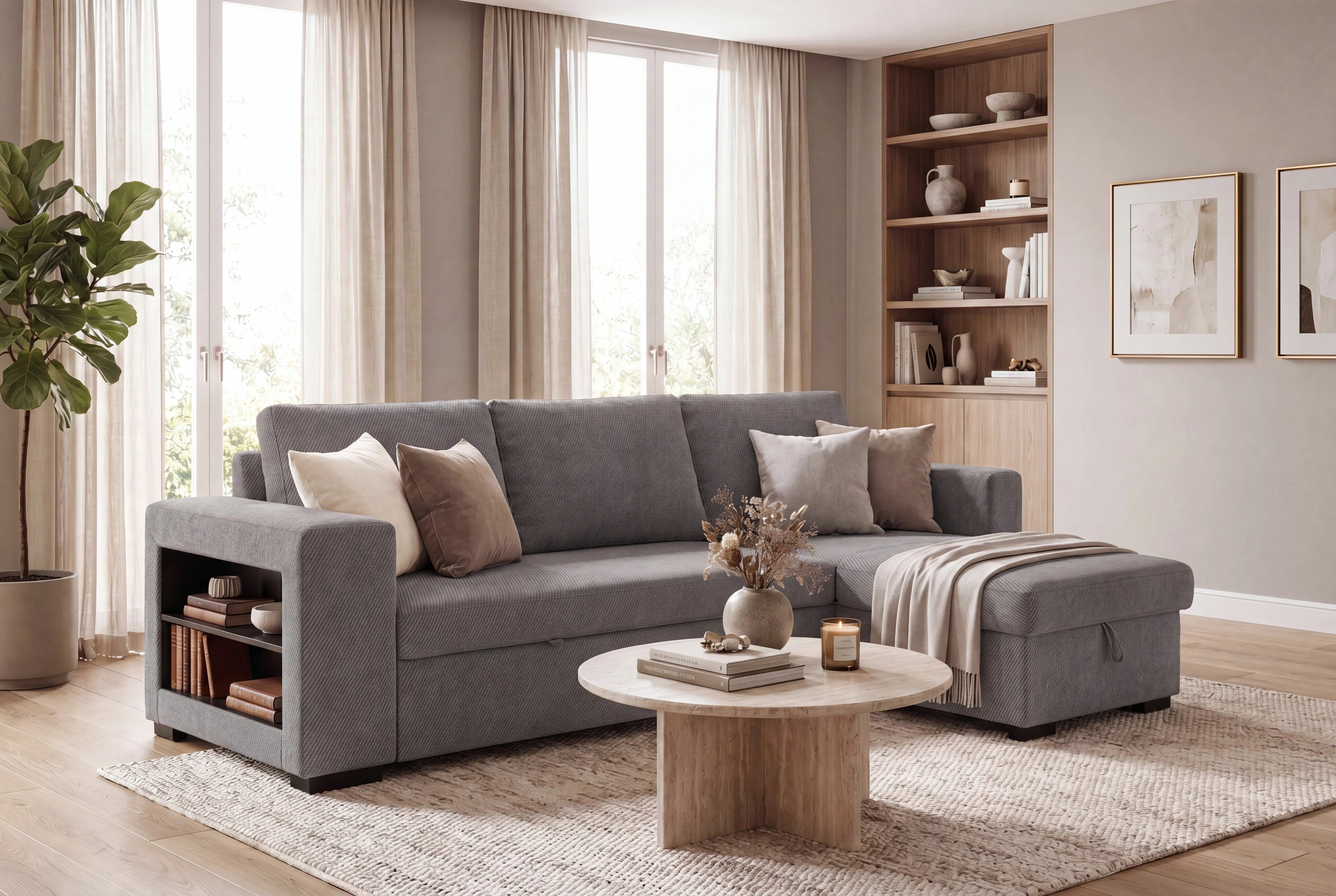 LUCENA, Canap&eacute; d\'angle convertible gigogne M&eacute;ridienne avec coffre en tissu (KSR)