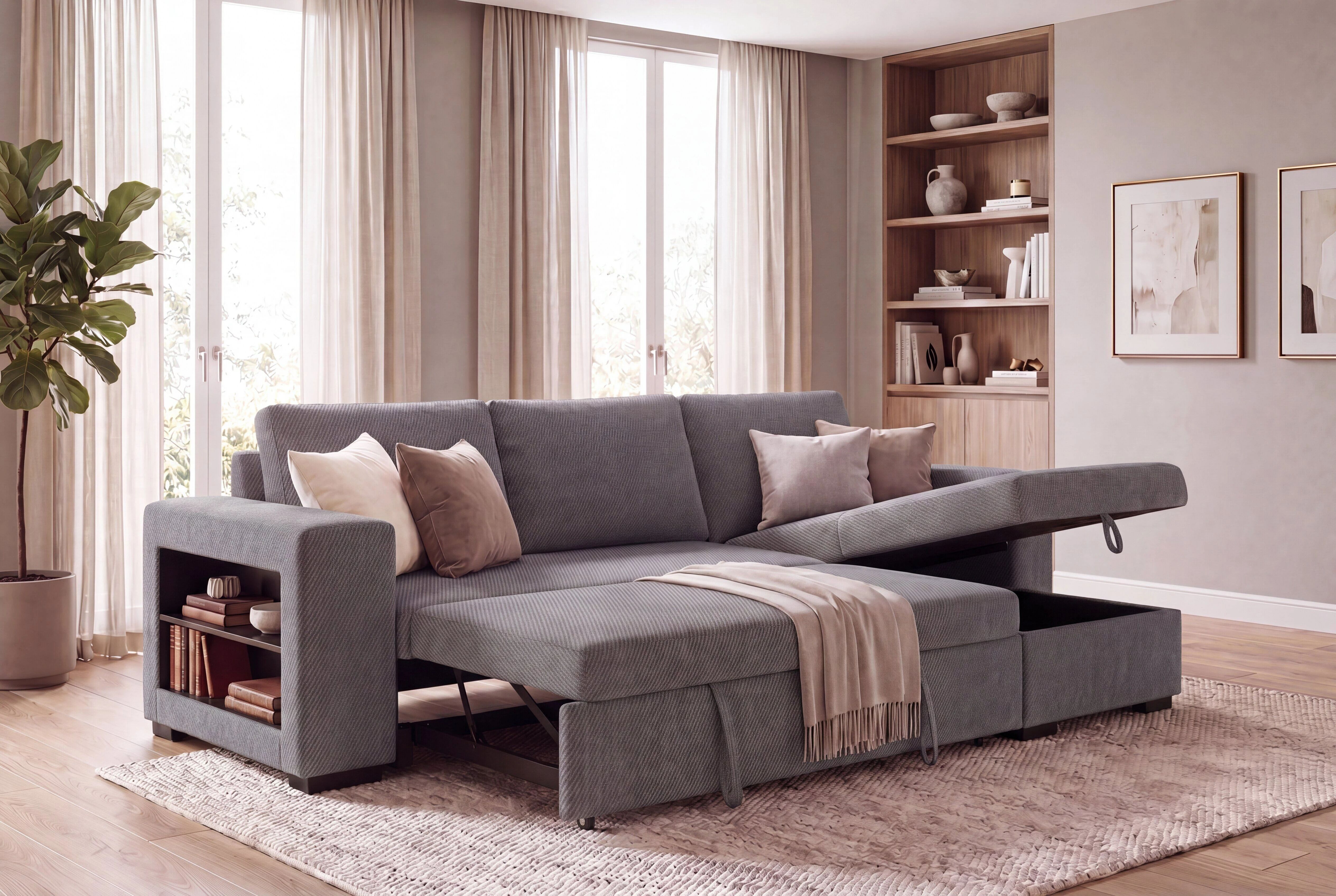 LUCENA, Canap&eacute; d\'angle convertible gigogne M&eacute;ridienne avec coffre en tissu (KSR)