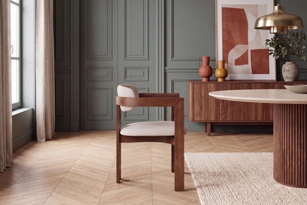 MARFA, Chaise de repas, tissu beige et accoudoirs design bois