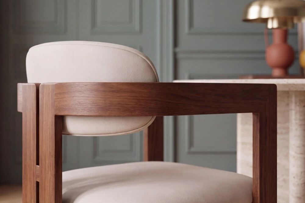 MARFA, Chaise de repas, tissu beige et accoudoirs design bois