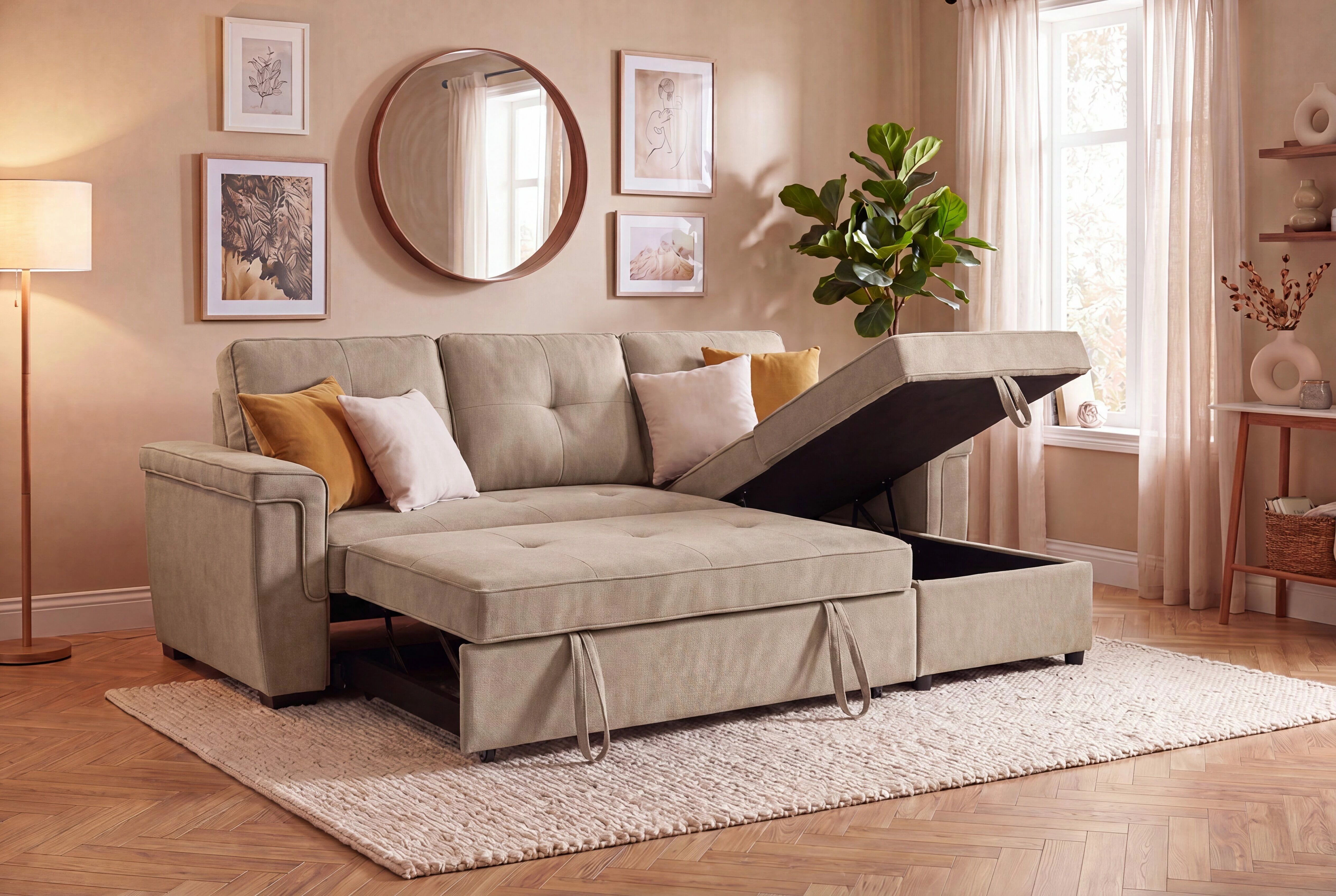 MERLOT,  convertible Gigogne avec m&eacute;ridienne coffre en tissu gris fonc&eacute;