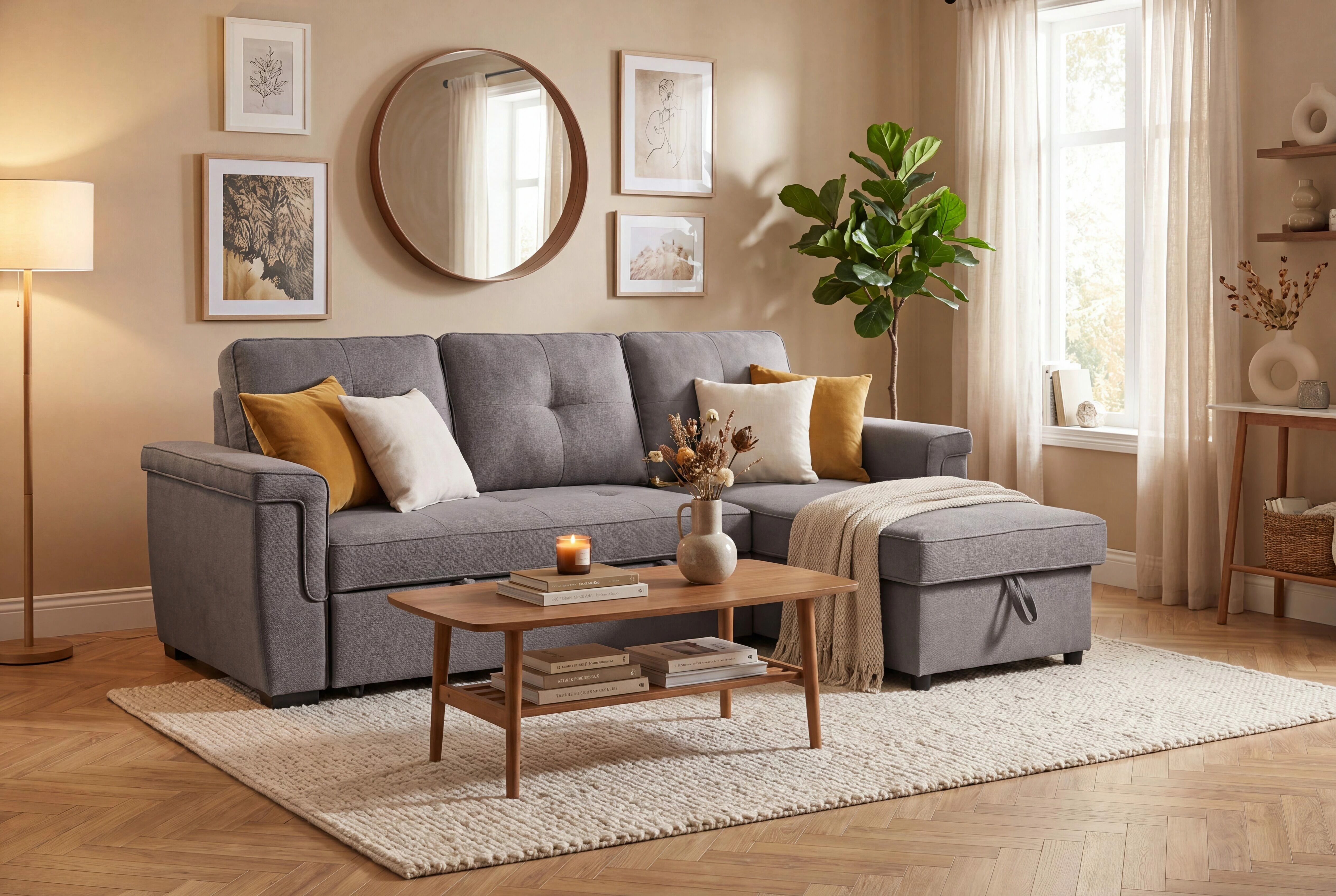 MERLOT,  convertible Gigogne avec m&eacute;ridienne coffre en tissu gris fonc&eacute;