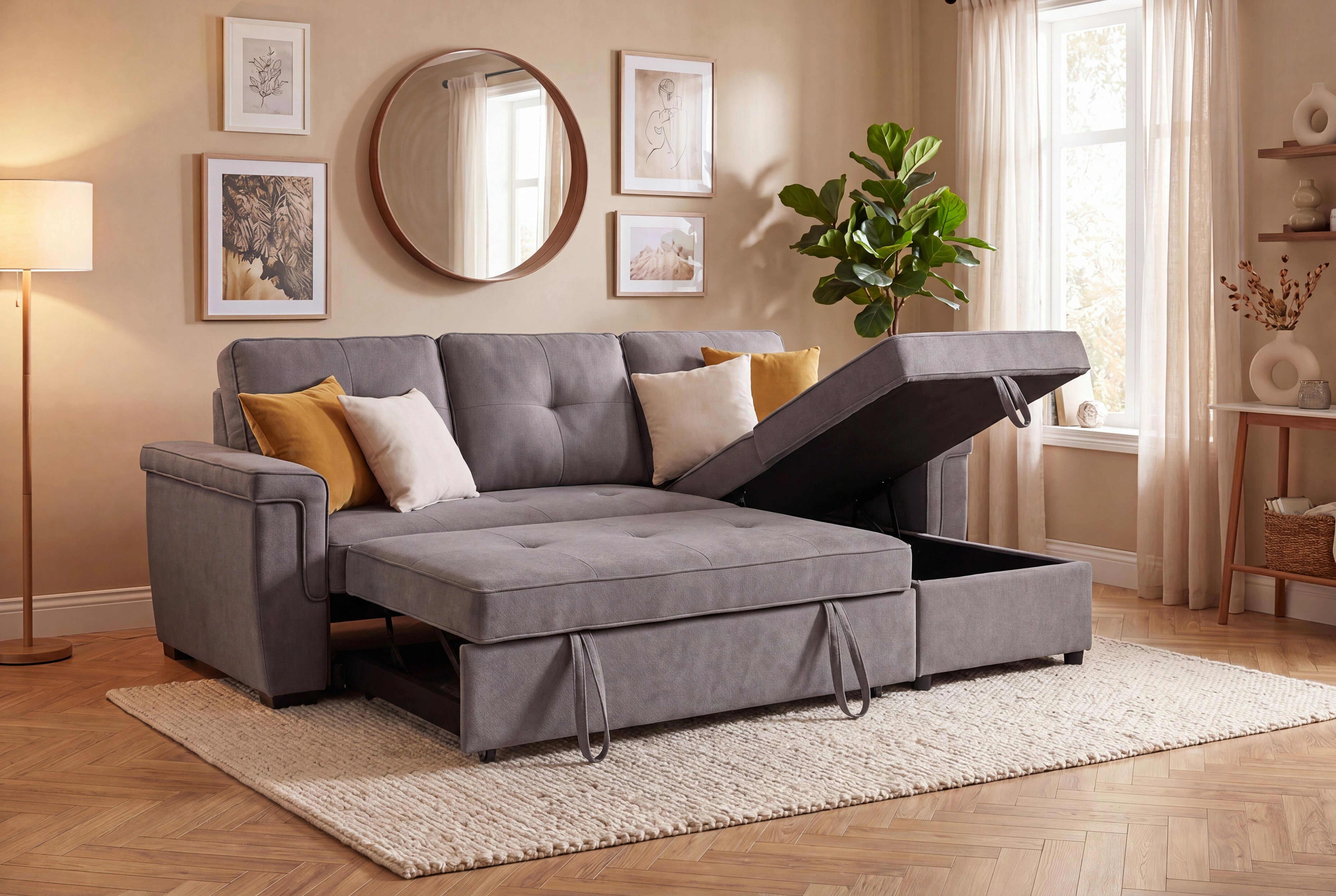 MERLOT,  convertible Gigogne avec m&eacute;ridienne coffre en tissu gris fonc&eacute;