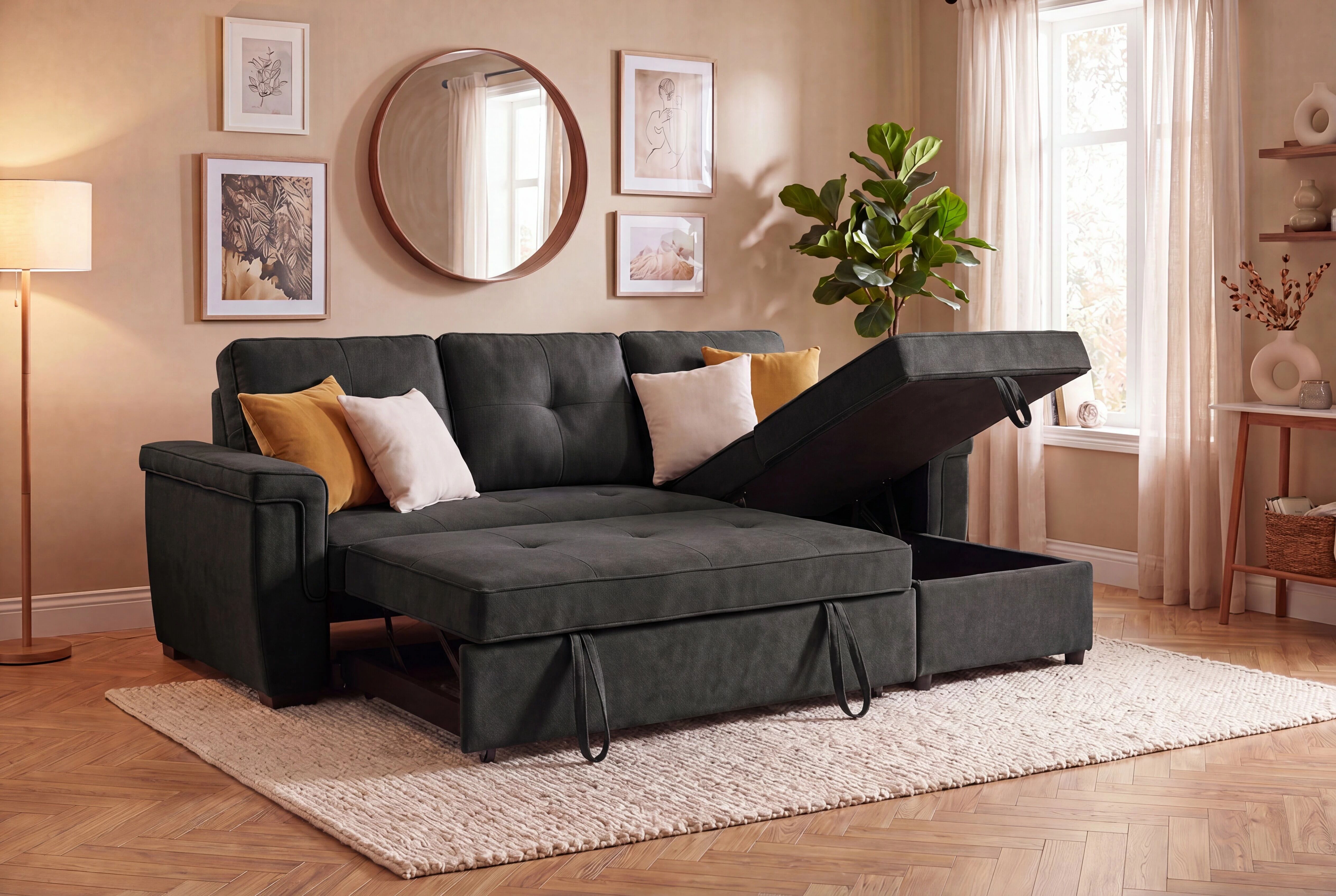 MERLOT,  convertible Gigogne avec m&eacute;ridienne coffre en tissu gris fonc&eacute;