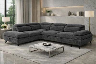 MURANO, Canap� Grand angle , convertible Gigogne 2 places + angle et pouf en velours c�tel� 