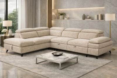 MURANO, Canap� Grand angle , convertible Gigogne 2 places + angle et pouf en velours c�tel� 