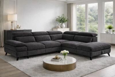 MURANO, Canap� Grand angle , convertible Gigogne 2 places + angle et pouf en velours c�tel� 