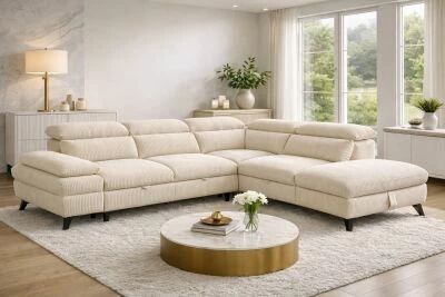 MURANO, Canap� Grand angle , convertible Gigogne 2 places + angle et pouf en velours c�tel� 