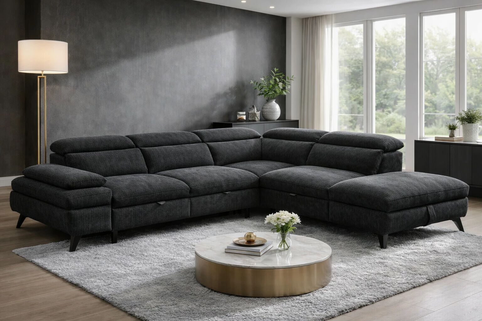 MURANO, Canap� Grand angle droite 2AP, convertible Gigogne 2 places + angle et pouf en tissu Astra