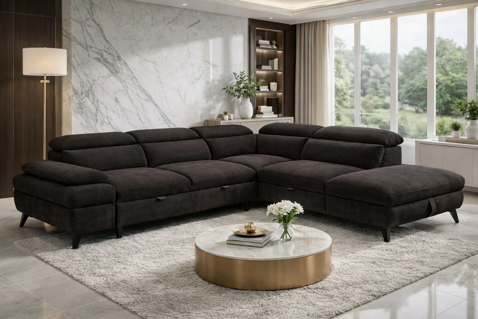 MURANO, Canap� Grand angle droite 2AP, convertible Gigogne 2 places + angle et pouf en tissu Astra