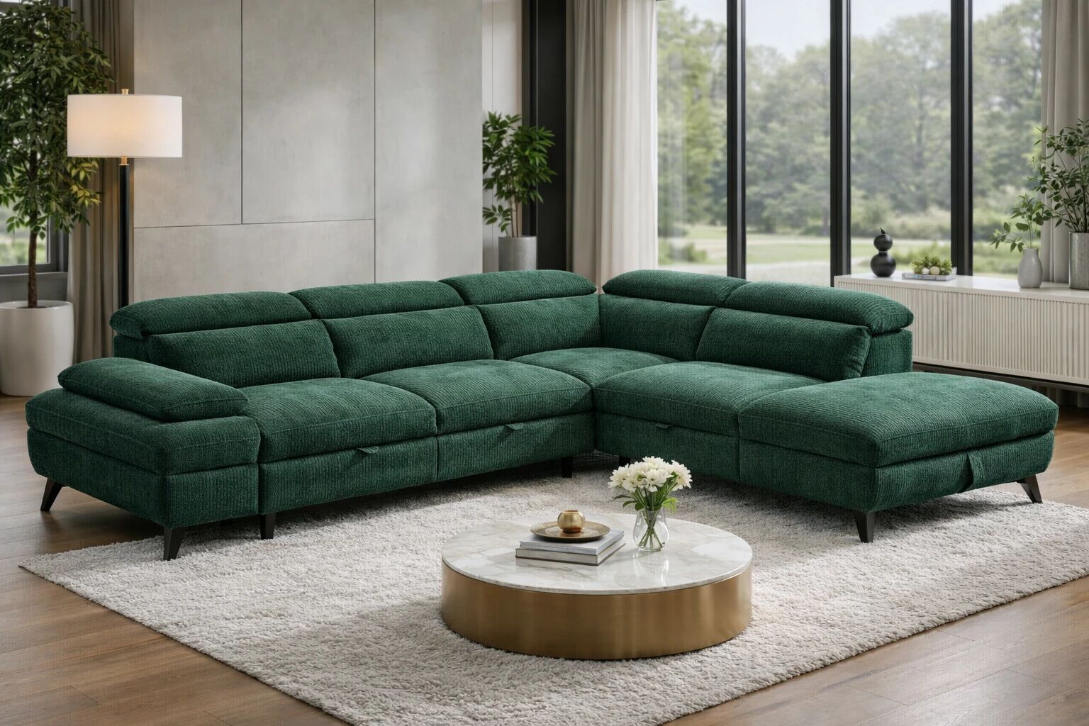 MURANO, Canap� Grand angle droite 2AP, convertible Gigogne 2 places + angle et pouf en tissu Astra