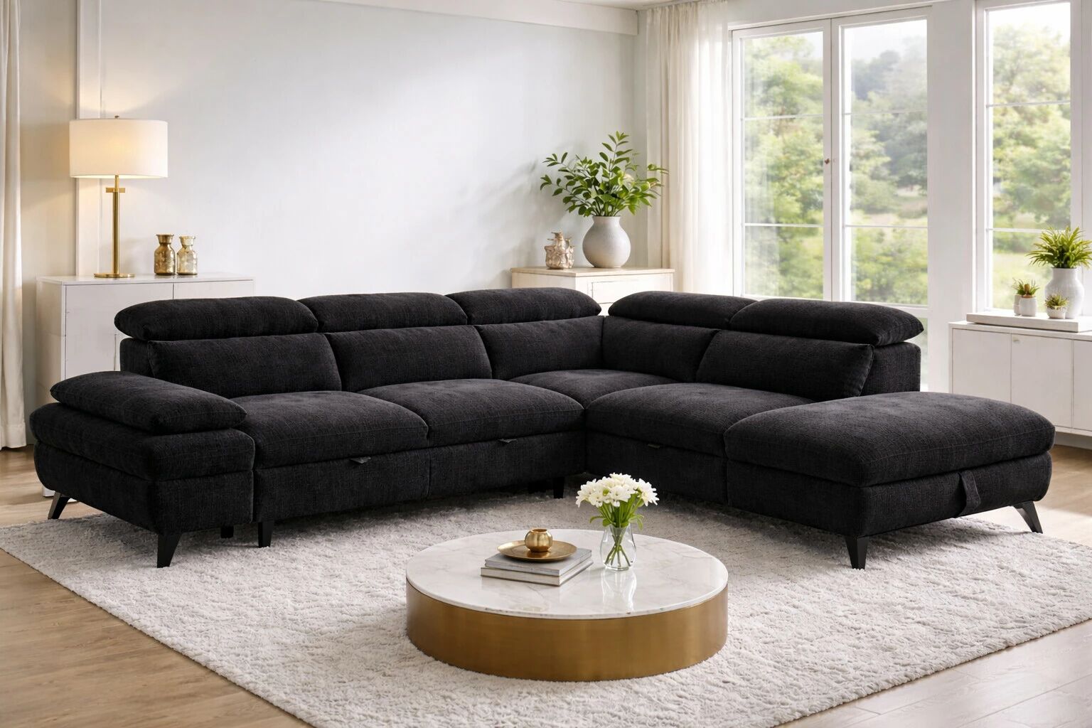 MURANO, Canap� Grand angle droite 2AP, convertible Gigogne 2 places + angle et pouf en tissu Astra