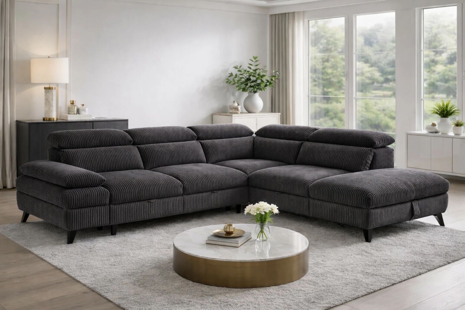 MURANO, Canap� Grand angle droite 2AP, convertible Gigogne 2 places + angle et pouf en tissu Astra