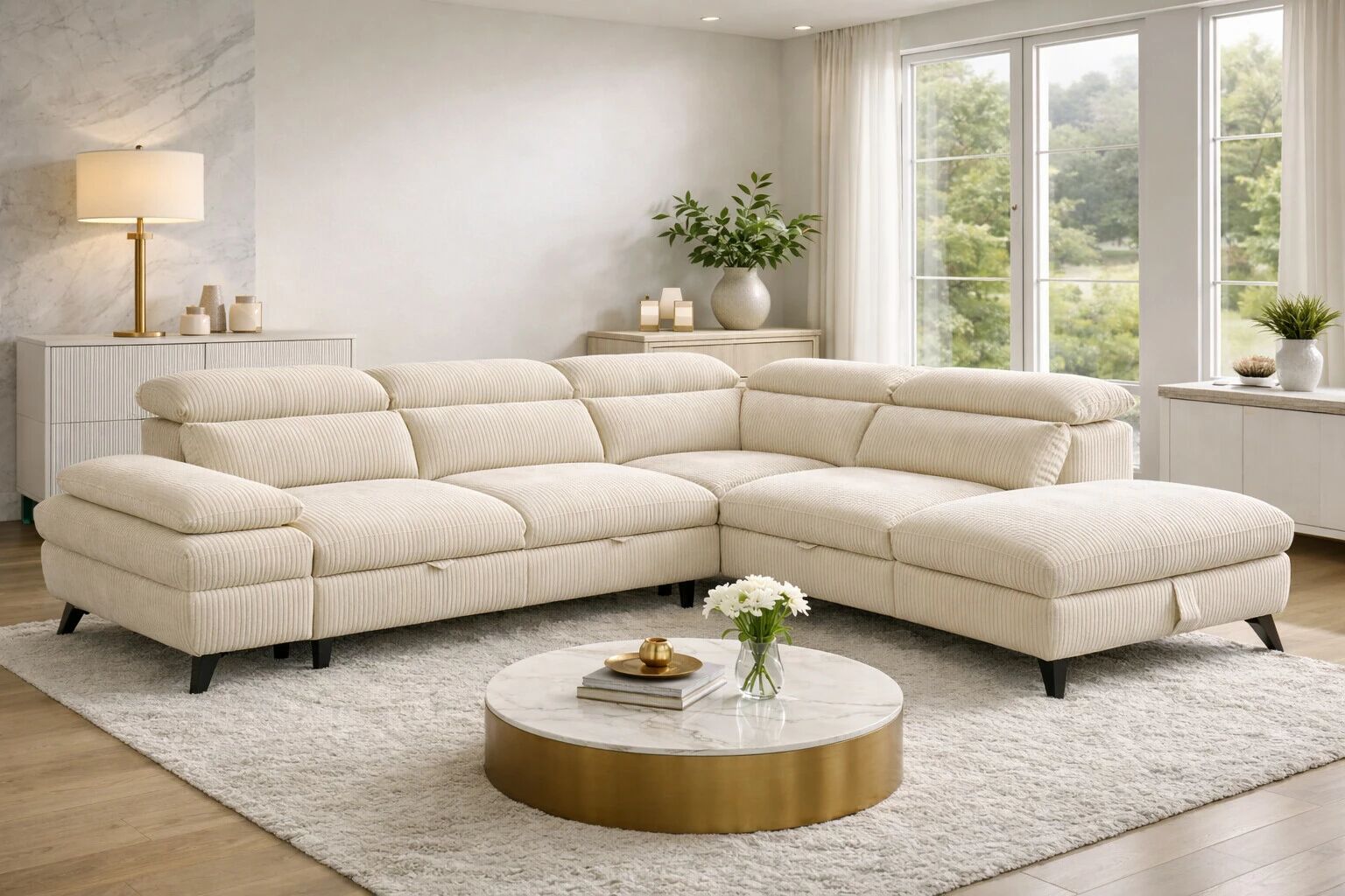 MURANO, Canap&eacute; Grand angle droite 2AP, convertible Gigogne 2 places + angle et pouf en tissu Astra