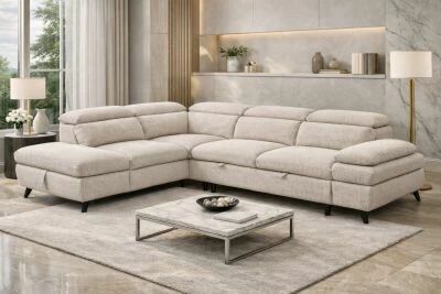 MURANO, Canap� Grand angle droite 2AP, convertible Gigogne 2 places + angle et pouf en tissu Astra