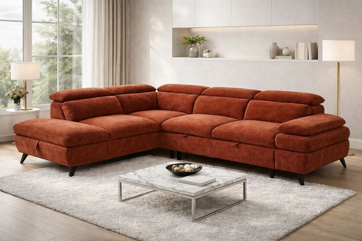 MURANO, Canap� Grand angle gauche PA2, convertible Gigogne 2 places + angle et pouf en tissu Astra