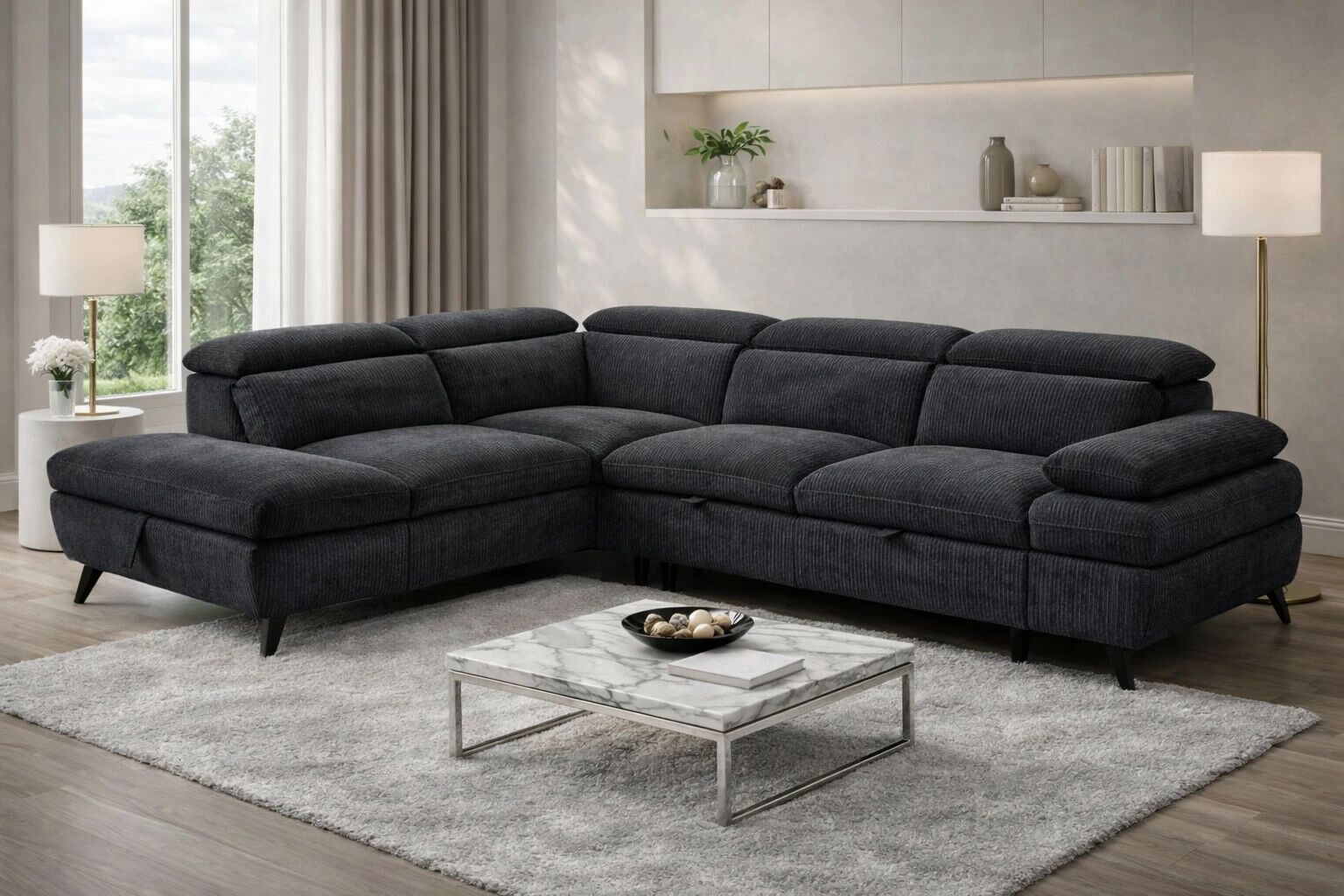 MURANO, Canap� Grand angle gauche PA2, convertible Gigogne 2 places + angle et pouf en tissu Astra