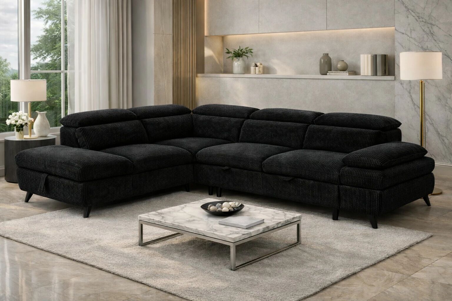 MURANO, Canap� Grand angle gauche PA2, convertible Gigogne 2 places + angle et pouf en tissu Astra