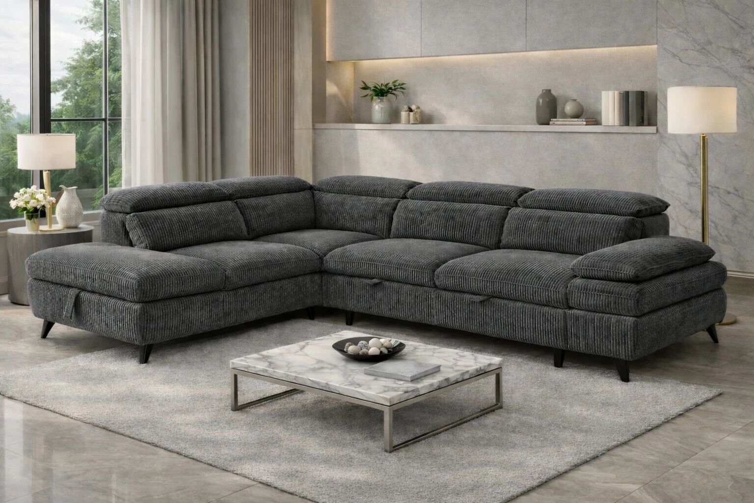 MURANO, Canap&eacute; Grand angle gauche PA2, convertible Gigogne 2 places + angle et pouf en tissu Astra