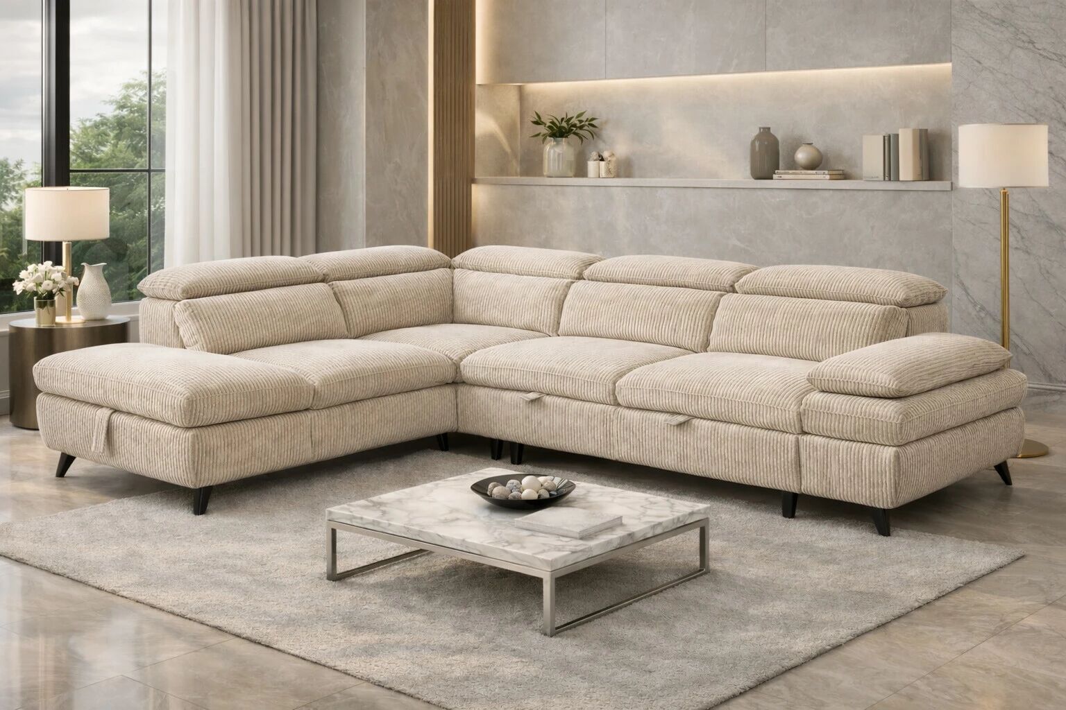 MURANO, Canap&eacute; Grand angle gauche PA2, convertible Gigogne 2 places + angle et pouf en tissu Astra