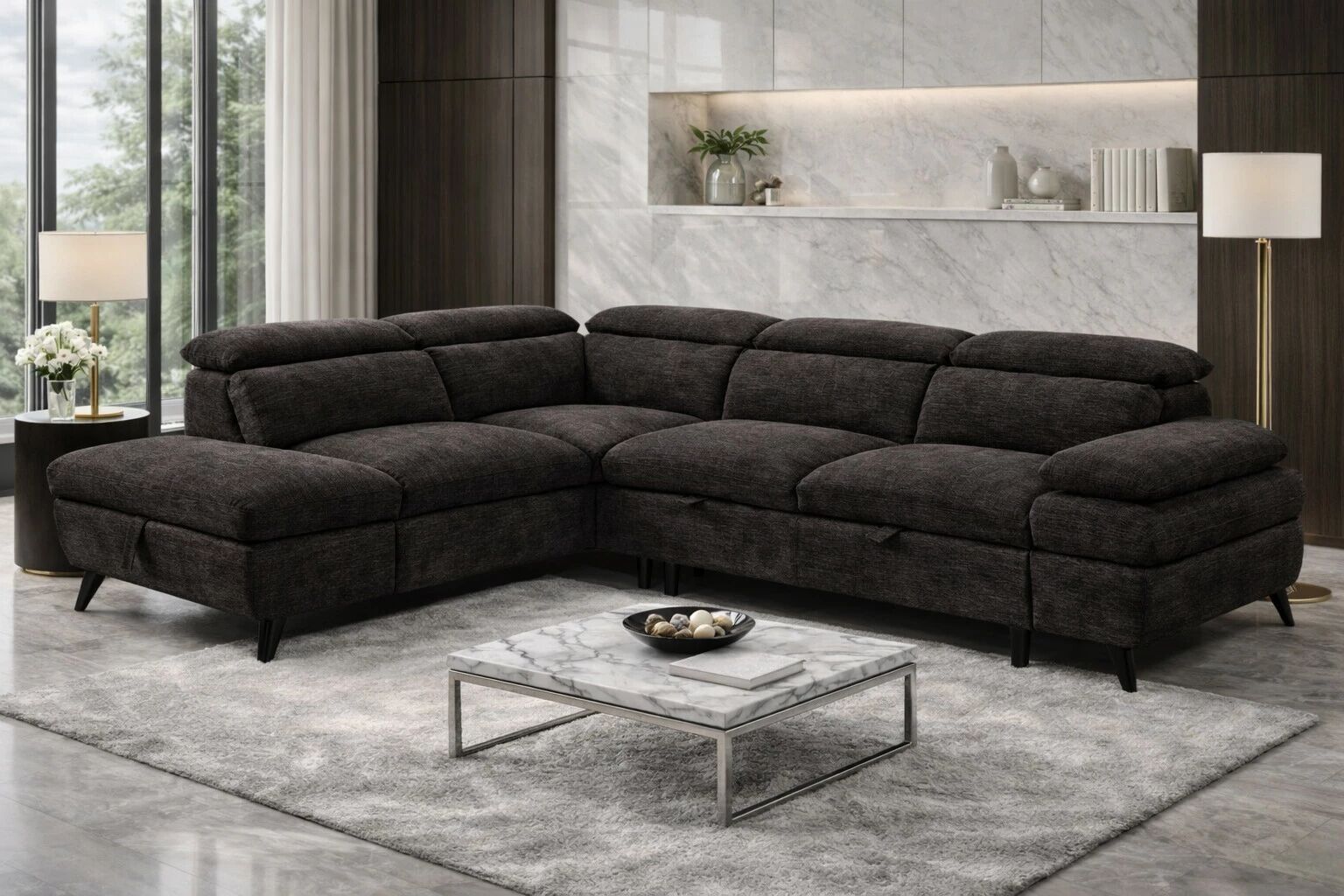 MURANO, Canap&eacute; Grand angle gauche PA2, convertible Gigogne 2 places + angle et pouf en tissu Astra