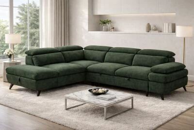 MURANO, Canap� Grand angle gauche PA2, convertible Gigogne 2 places + angle et pouf en tissu Astra