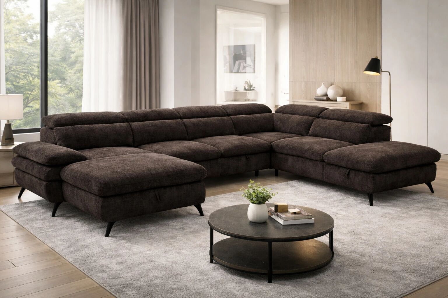 MURANO, Grand canap� panoramique angle droite convertible Gigogne non reversible en tissu Astra
