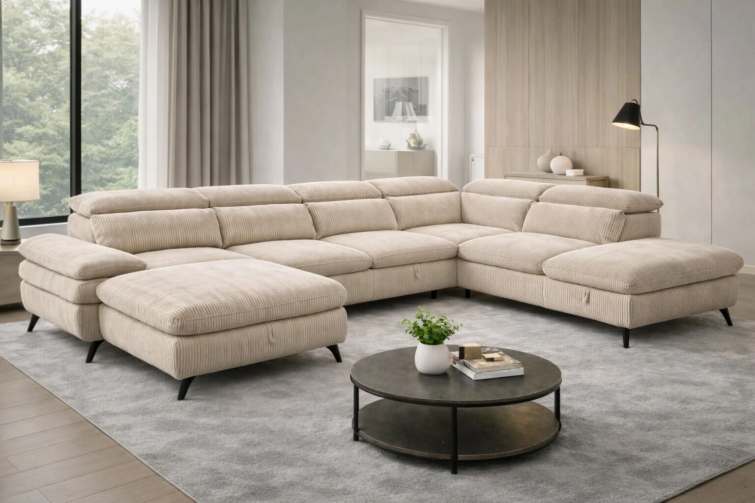 MURANO, Grand canap� panoramique angle droite convertible Gigogne non reversible en tissu Astra
