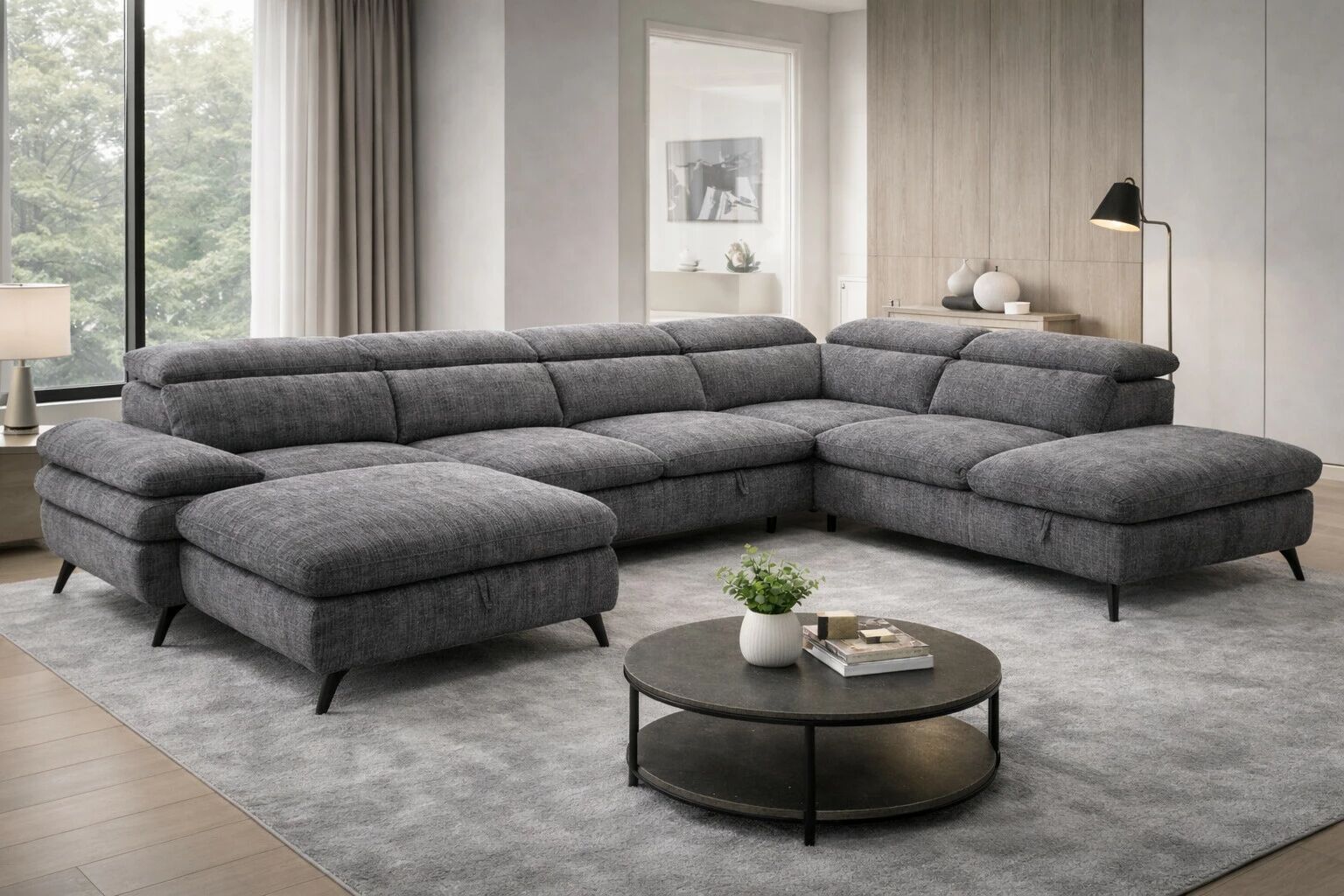 MURANO, Grand canap&eacute; panoramique angle droite convertible Gigogne non reversible en tissu Astra